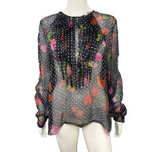 OSCAR DE LA RENTA Navy Silk Lace Floral Accent Ruffle Long Sleeve Blouse Top 14